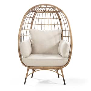 Yellow Frame Wicker Outdoor Egg Lounge Chair, with Beige Thick Cushions, Sturdy and Durable, for Garden, Patio
