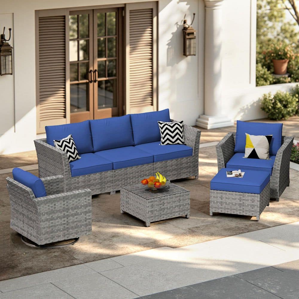 Bexley Gray 7-Piece Wicker Patio Conversation Seating Set with Navy Blue Cushions and Swivel Chairs price history on PriceWatchPro