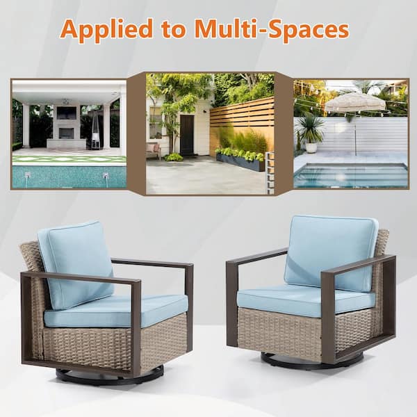 Wicker Outdoor Rocking Chair Patio Swivel Chair with Metal Frame and Baby Blue Cushions