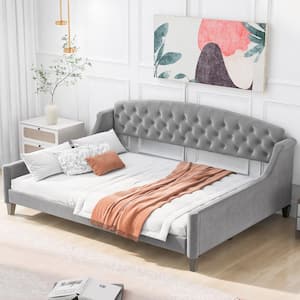 Button-Tufted Gray Wood Frame Full Size Velvet Upholstered Daybed