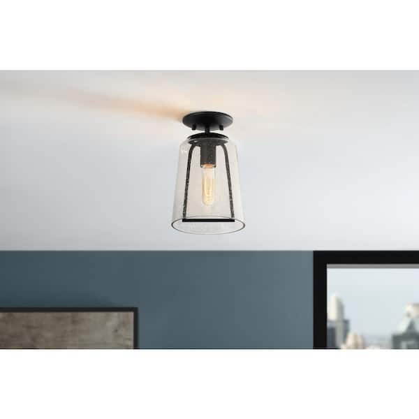 Home Decorators Collection Desmond 7 in. 1-Light Modern Black Semi Flush Mount Ceiling Light with Smoke Seeded Glass Shade