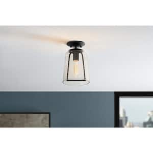 Desmond 7 in. 1-Light Modern Black Semi Flush Mount Ceiling Light with Smoke Seeded Glass Shade