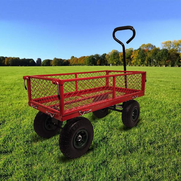 Unbranded 3 cu. ft. Removable Sides Metal Mesh Heavy-Duty Utility Outdoor Garden Cart in Red, 300 lbs. Weight Capacity