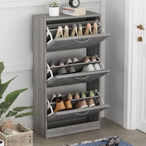 Gray 18-Pair Shoe Storage Cabinet with 3-Drawers and 6-Compartments and Wood Grain