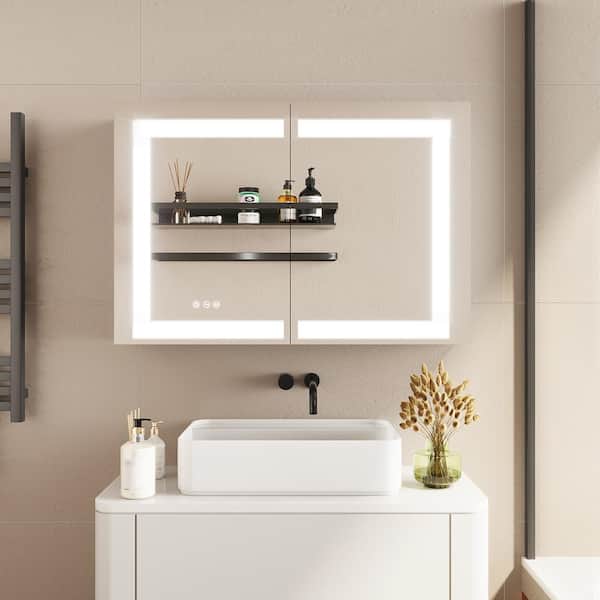 Zeus & Ruta 36 in. W x 24 in. H Rectangular Aluminum Frameless LED Lighted and Defogger Medicine Cabinet with Mirror