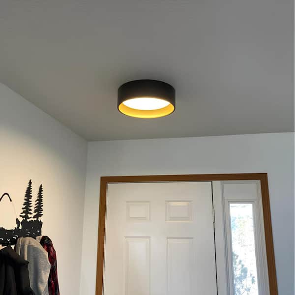13 in. 1-Light Black and Wood Finish Color Changing 3000K 4000K 5000K Dimmable LED Flush Mount