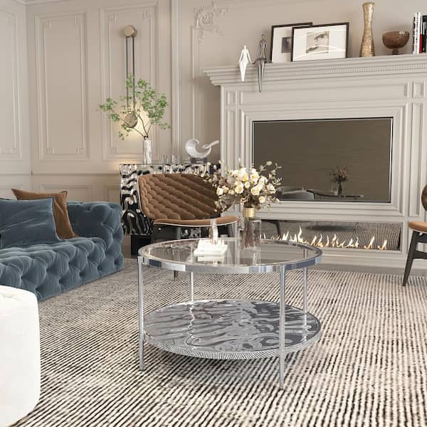 31.5 in. Silver Round Glass Top End Table Stainless Steel Frame Coffee Table 2-Tier Side Table
