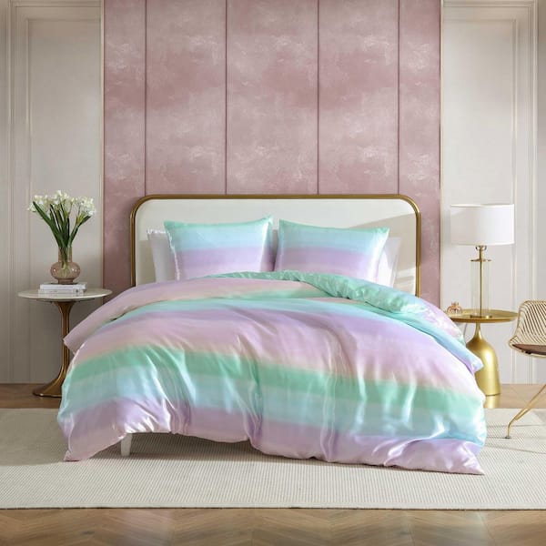 Pastel Ombre 3-Piece Purple/Blue/Green Satin Full/Queen Duvet Cover Set