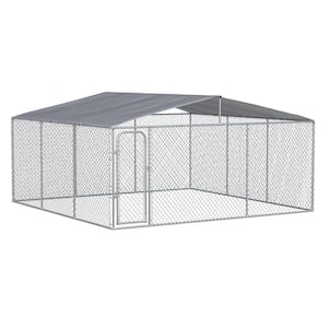 Silver Galvanized Steel Dog Kennel with Cover Secure Lock Mesh Sidewalls