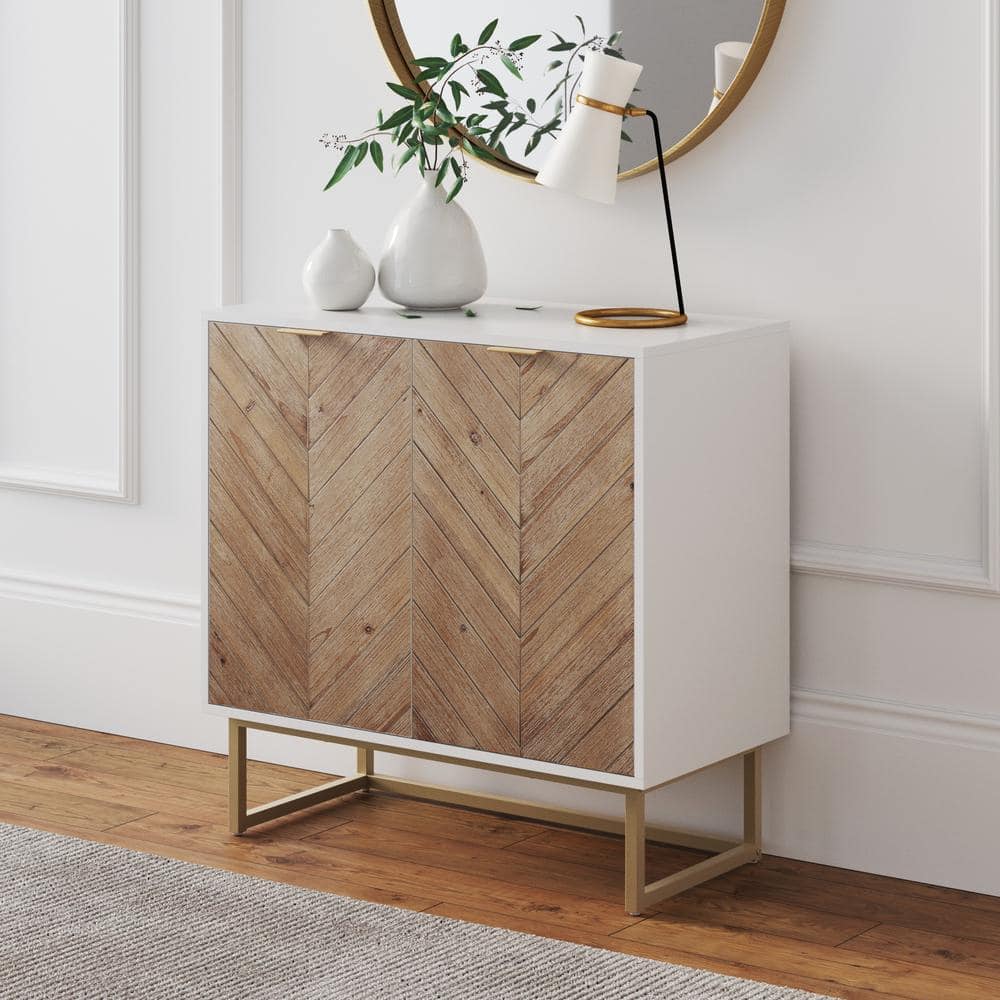 Nathan James Enloe White Frame with Brown Rustic Doors and Gold Base Free Standing Modern Storage Cabinet for Entryway or Living Room - 1