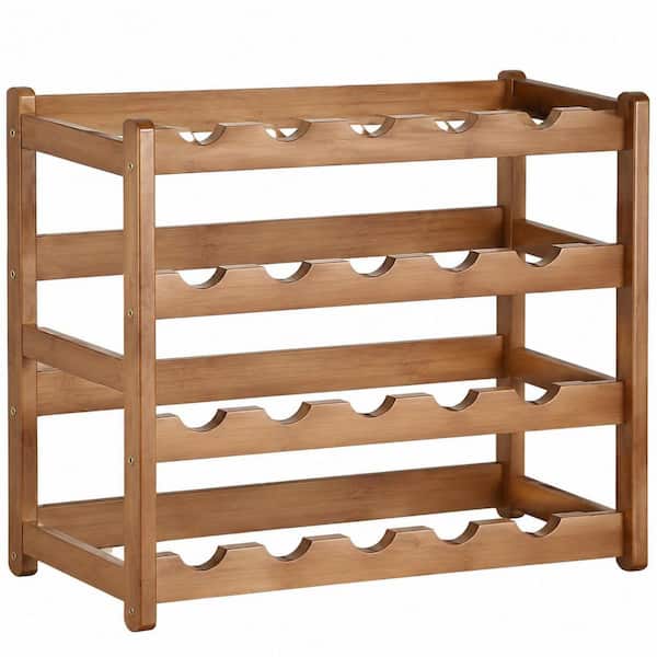 Rustic Walnut Bamboo 4-Tier Freestanding Wine Bottle Rack for Kitchen Countertop and Basement Storage