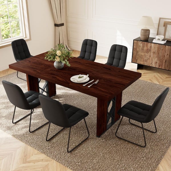 7-Pieces Rectangular Walnut MDF Top Dining Table Set Seating 6 People(Walnut Table+6 Black Chairs）