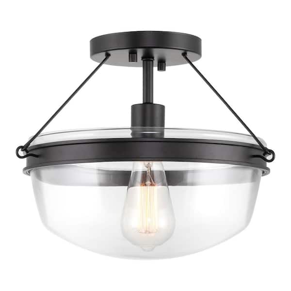Kira Home Bolton 60-Watt 1-Light Black Transitional Semi-Flush with Clear Shade, No Bulb Included