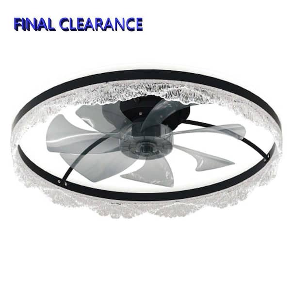 24 in. W Black Ceiling Fan with Remote Control and Light-LED Crystal Flush Mount Fan Lamp (C)