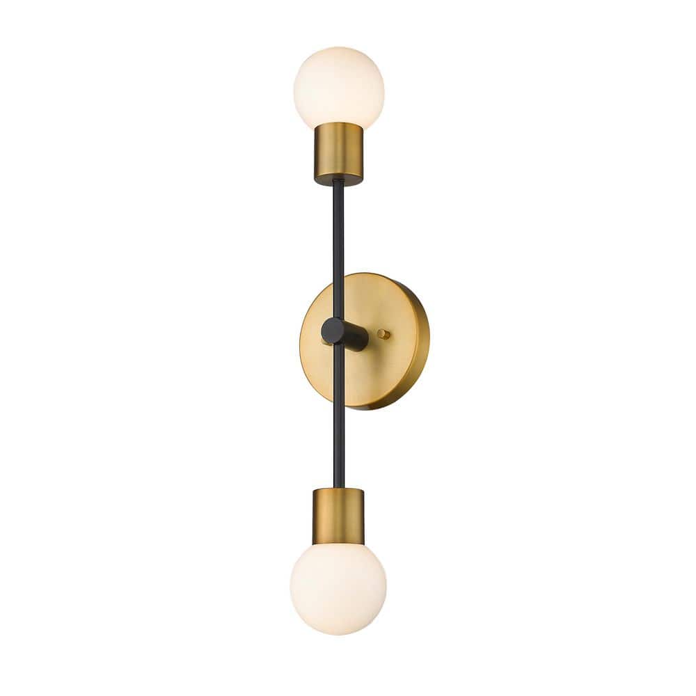 Neutra 25.5" Matte Black and Brass Wall Sconce with Opal Glass Shades