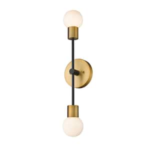2-Light Matte Black and Foundry Brass Wall Sconce with Opal Glass Shade