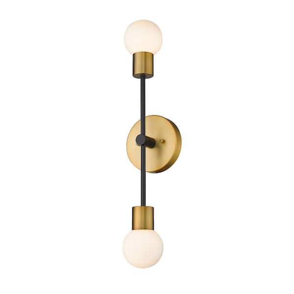 Unbranded 2-Light Matte Black and Foundry Brass Wall Sconce with Opal Glass Shade