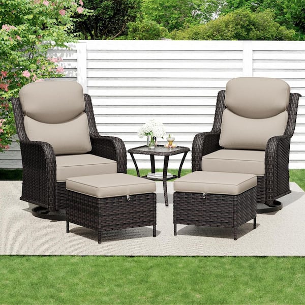 5-Piece Brown Wicker Outdoor Rocking Chair Conversation Set with Beige Cushions