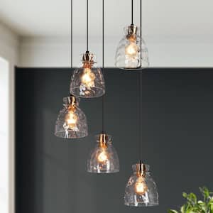 5-Light Transitional Black and Brass Cluster Chandelier with Water-Rippled Clear Glass Shades