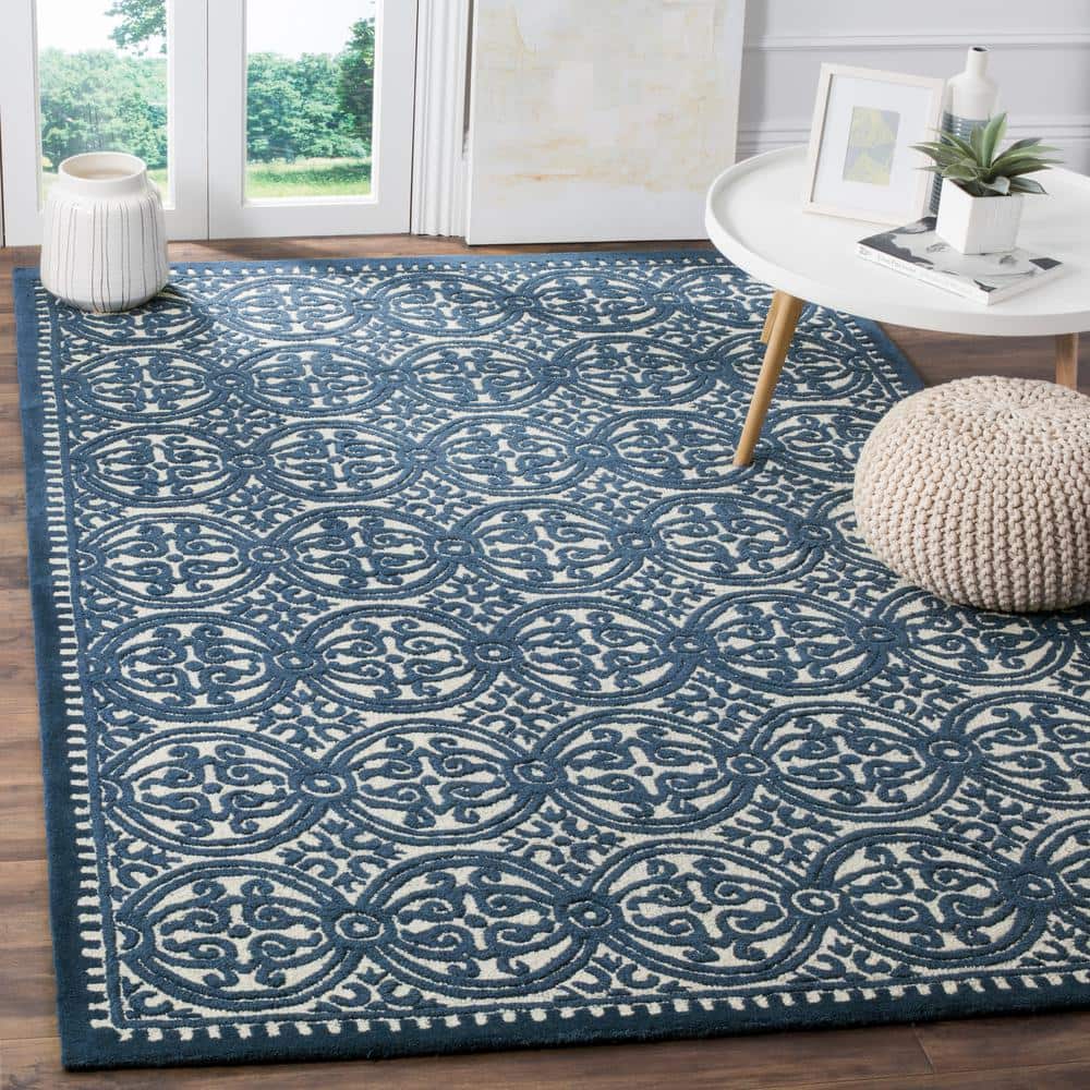 Ivory and Navy Handmade Wool Runner Rug