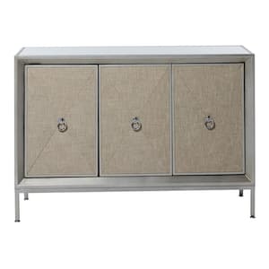 Gray Wood Upholstered Front Panel 1 Shelf and 3 Doors Cabinet with Mirrored Top and Ring Handles