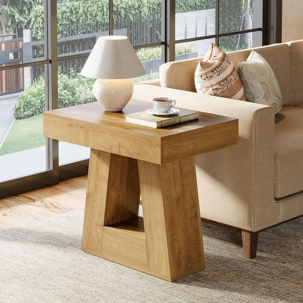 Kerlin 23.62 in. Brown Rectangular Wood 2-Tier Narrow End Table Side Table Nightstand with Trapezoid Base - thumbnail 5