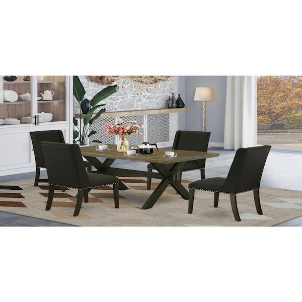 East West Furniture 5-Piece Rectangle Distressed Jacobean Finish Solid Wood Top Dining Table with 4 Upholstered Chairs with Lattice Back