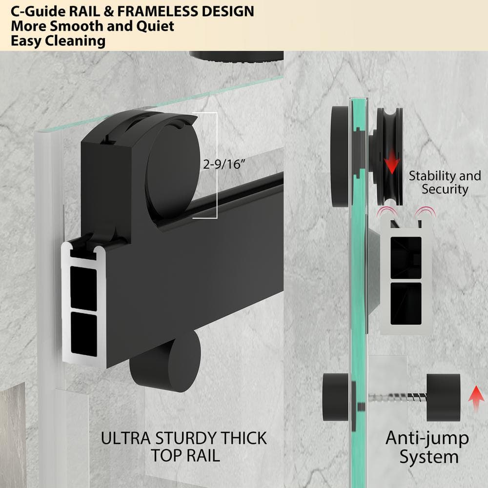 Matte Black Frameless Double Sliding Shower Door with Handles