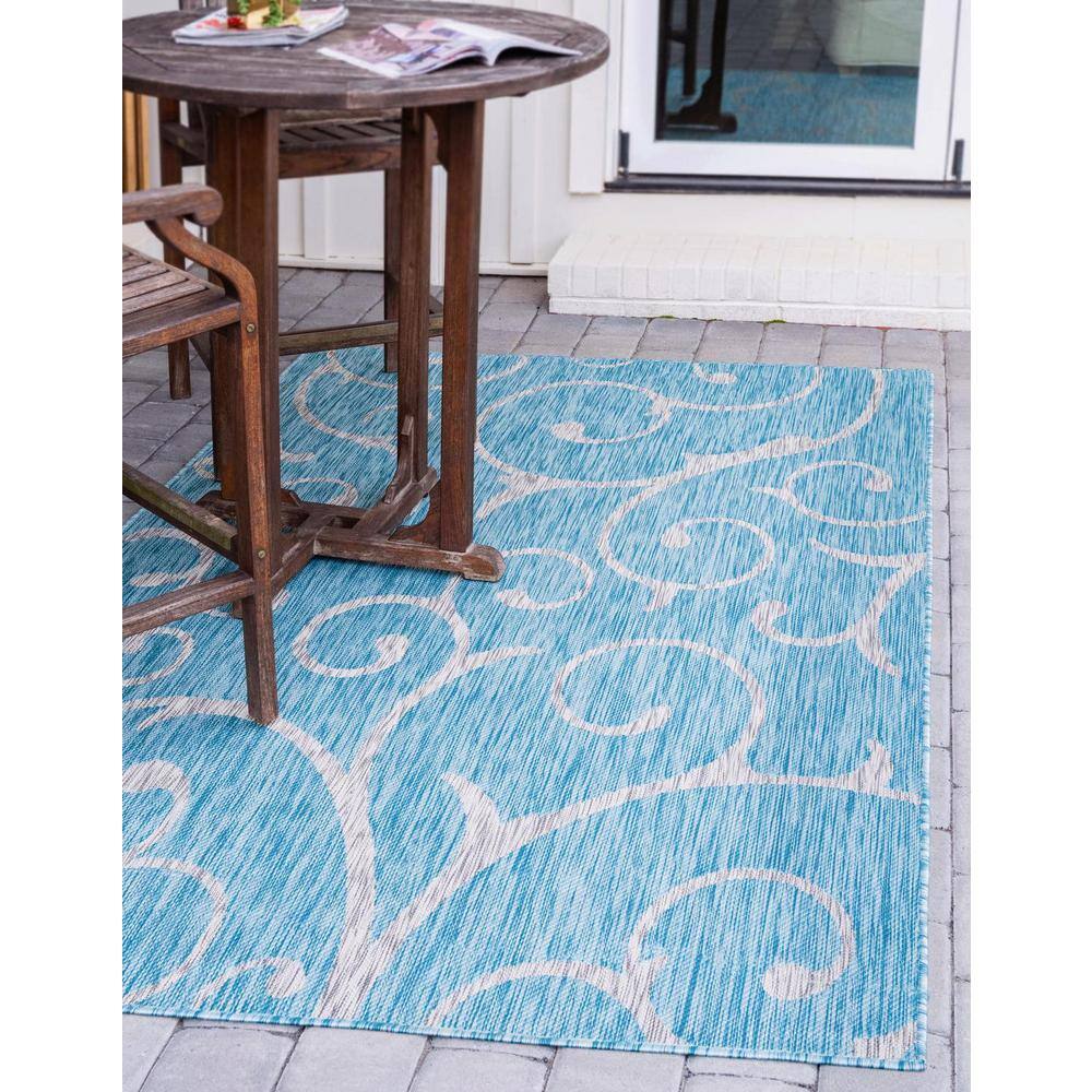 Aqua Blue 9' x 12' Abstract Synthetic Outdoor Rug