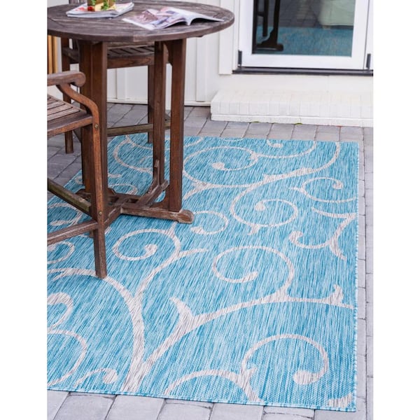 Outdoor Curl Aqua Blue 9 ft. x 12 ft. Area Rug