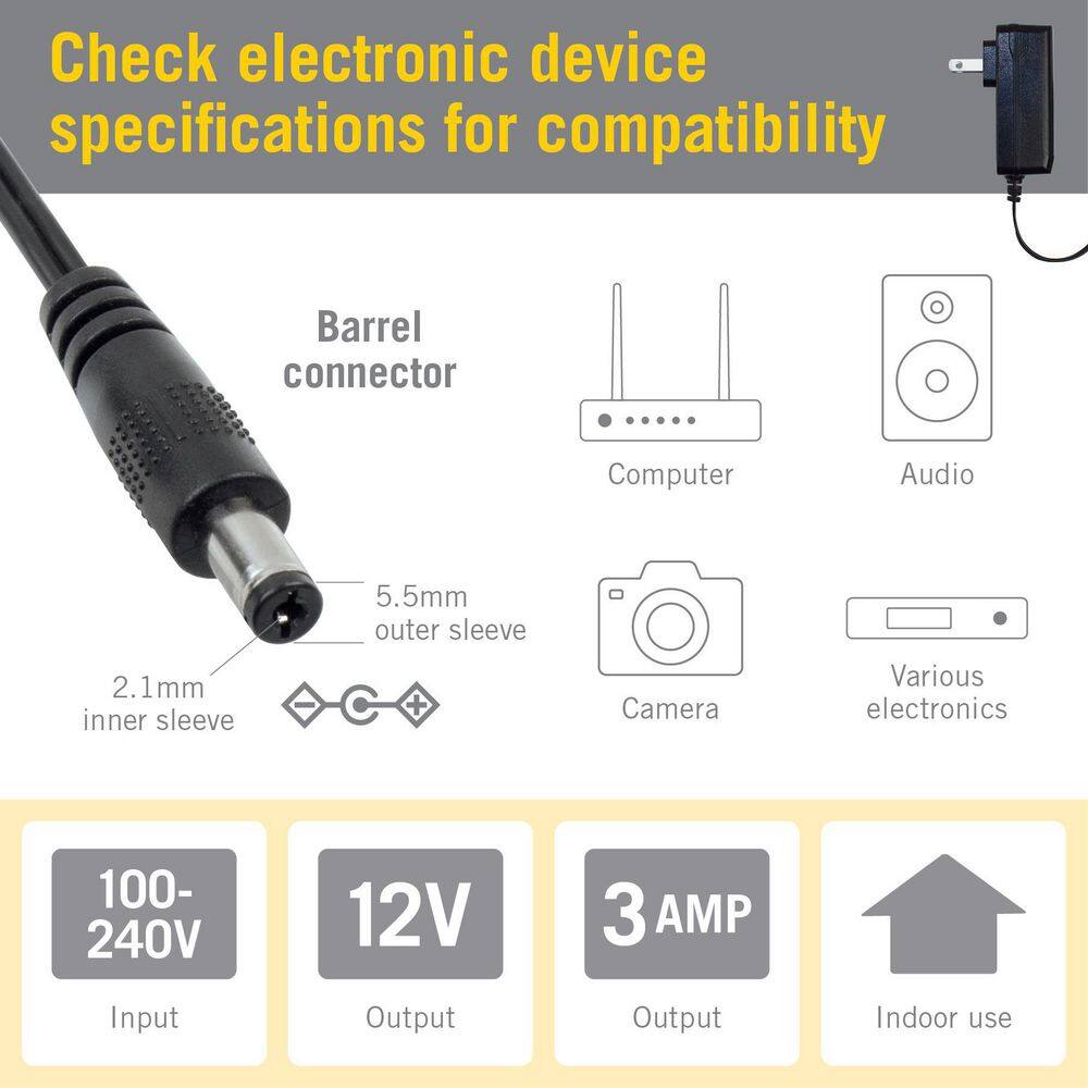 Black 36W Wall Mount Power Supply Adapter