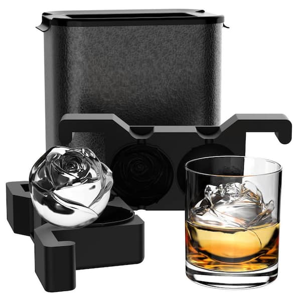 Black 2 Cavity Large Crystal Clear Ice Rose Form, 2.3 in. Round Ice Sphere Trays for Whiskey Cocktail Brandy Bourbon