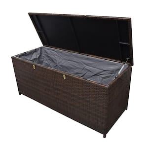 113 Gal. Brown Indoor and Outdoor Balcony Patio Deck Porch Pool Wicker Storage Box Trunk Bin with Metal Frame