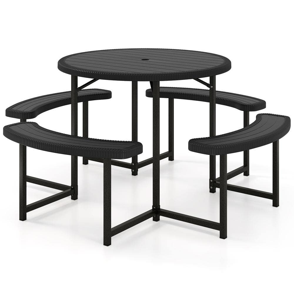 Round Picnic Table Bench Set with 4 Benches and Umbrella Hole for Patio Lawn-Black price history on PriceWatchPro