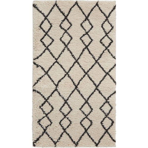 Geometric Ivory/Charcoal doormat 2 ft. x 4 ft. Shag Modern Kitchen Area Rug
