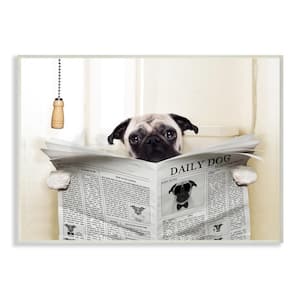 10 in. x 15 in. "Pug Reading Newspaper in Bathroom" by In House Artist Printed Wood Wall Art