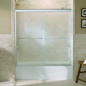 Fluence 59-5/8 in. x 58-5/16 in. Frameless Sliding Shower Door in Bright Polished Silver with Falling Lines Glass