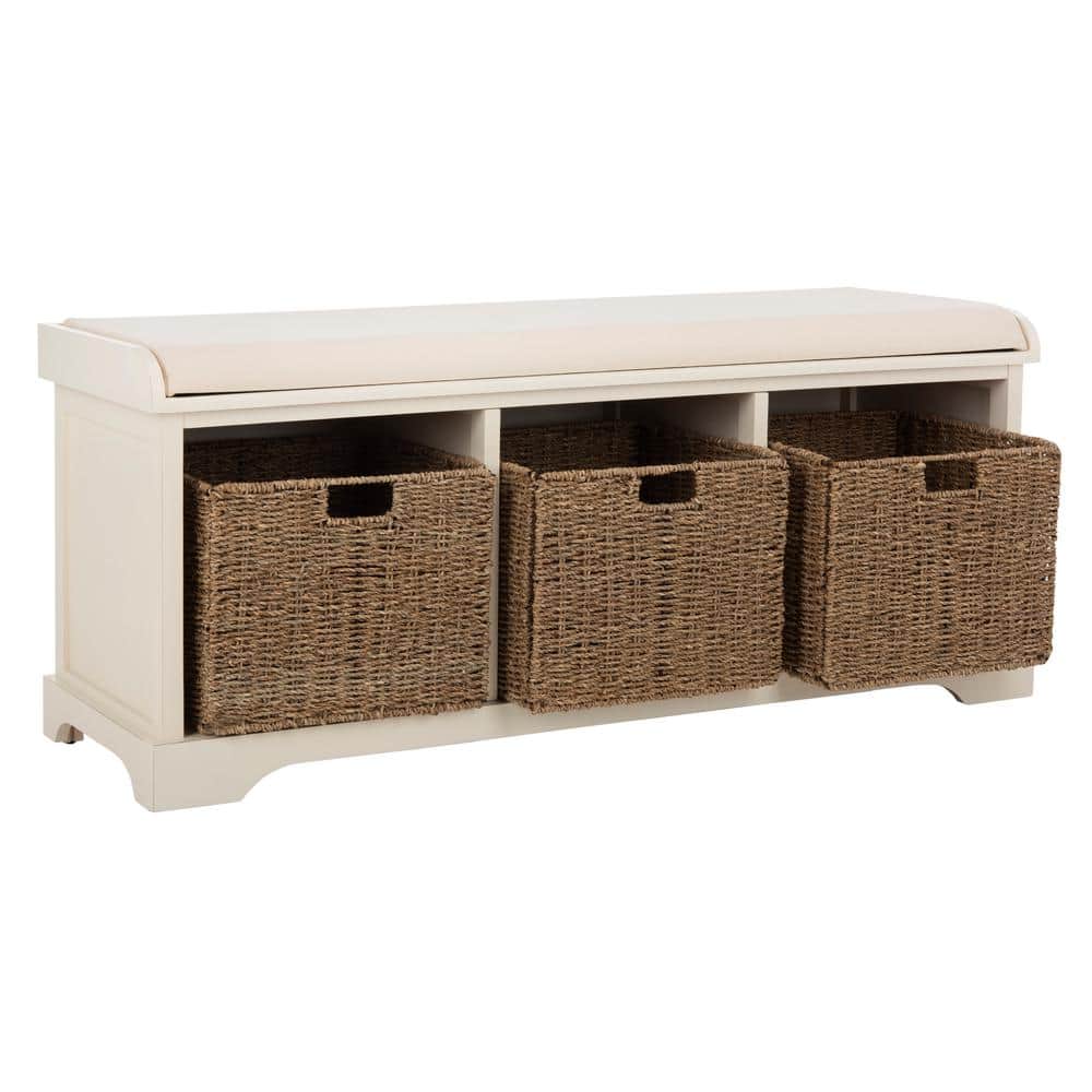 White Pine Storage Bench with Wicker Baskets and Cushion