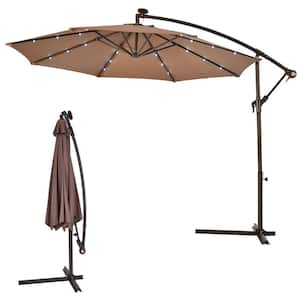 10 ft. Steel Market Hanging Solar LED Patio Umbrella with Base in Tan