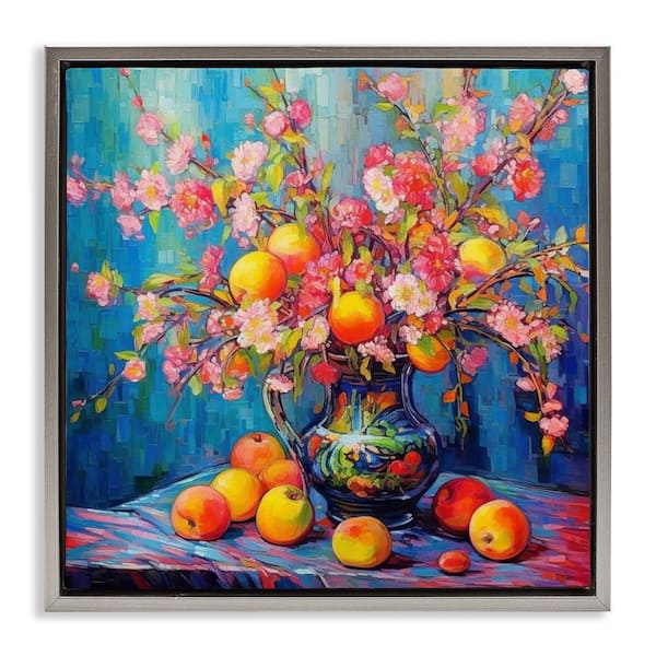 Stupell Industries Peach & Florals Bouquet by LSR Design Studio Gray Floater Frame Nature Graphic Art Print 18 in. x 18 in.