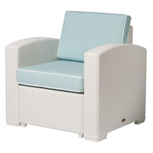 Magnolia White Stationary Plastic Outodoor Club Chair with Blue Cushion
