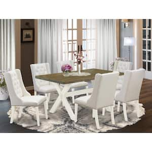 7-Piece Rectangle Natural Oak Finish Solid Wood Top Dining Set with 1 table and 6 Upholstered-Chairs with Lattice Back