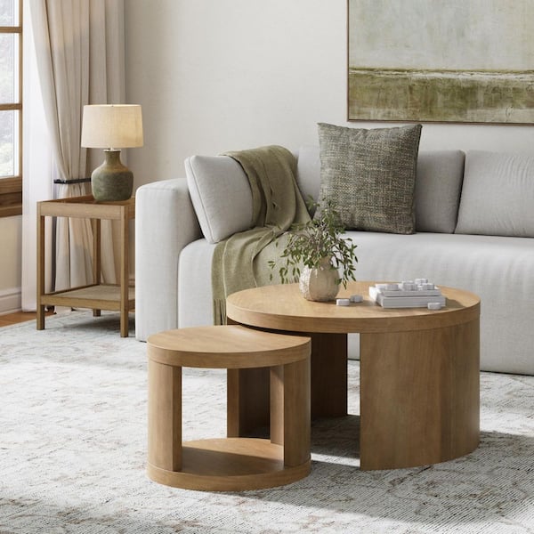 Uchu Mid-Century Modern 31.5 in. Light Brown Round MDF with Wood Veneer Nesting Coffee Table with Solid Wood Leg Frames
