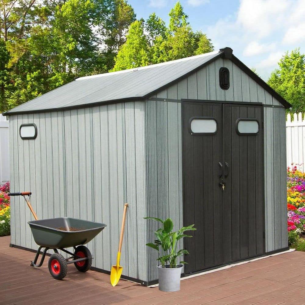 Gray 8 ft. W x 12 ft. D Resin Shed with Lockable Door, Windows and