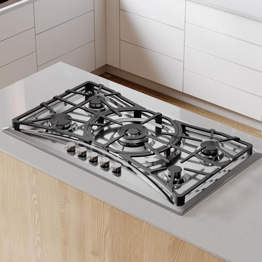 Empava 36 in. Gas Stove Cooktop with 5 Sealed Burners in Stainless Steel Including Power Burner, Silver