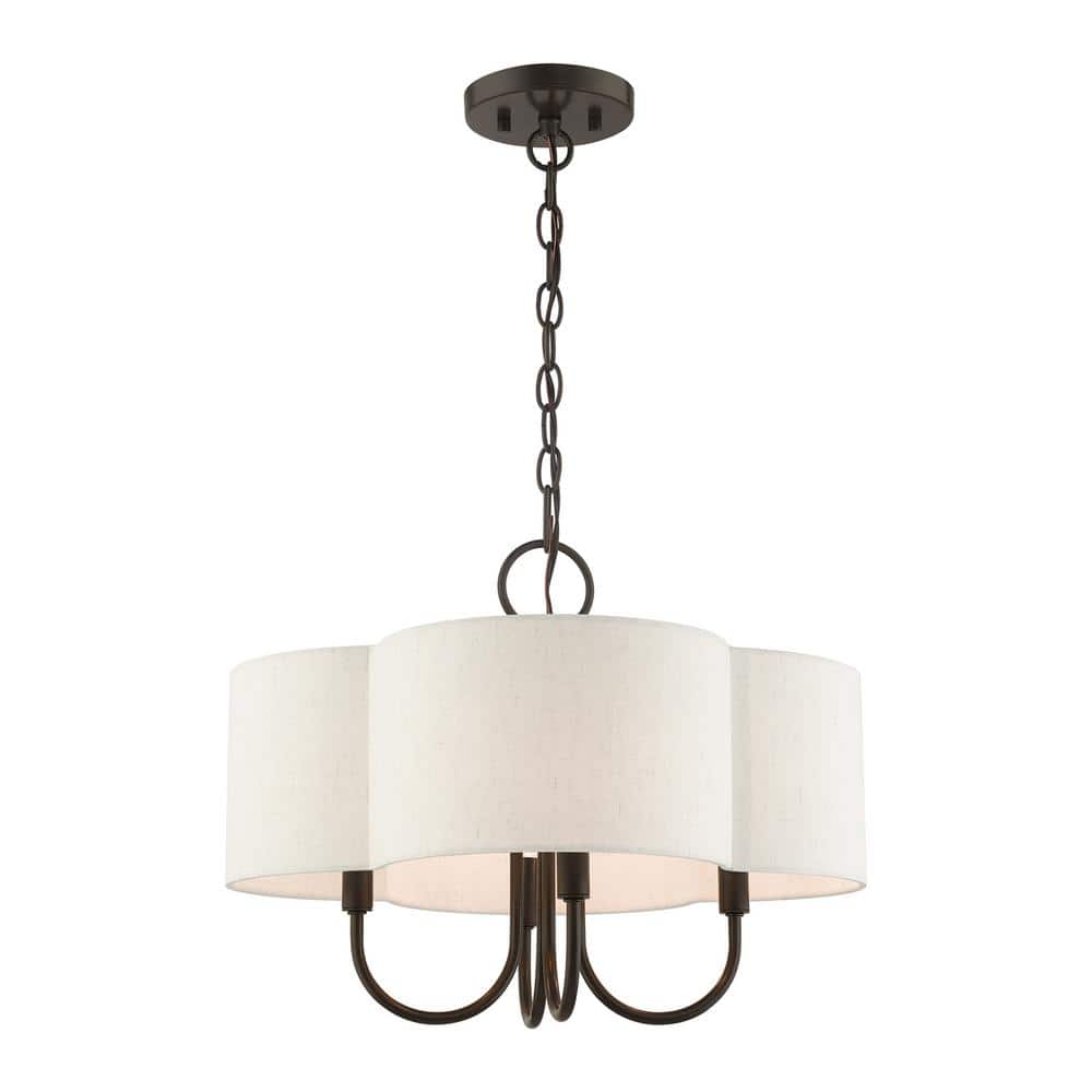 English Bronze Solstice Drum Chandelier with Oatmeal Shade