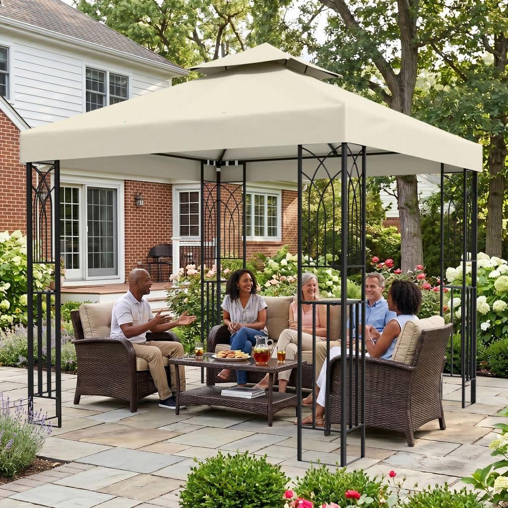 COOS BAY 8 ft. x 8 ft. Beige Outdoor Garden Gazebo with Built-in