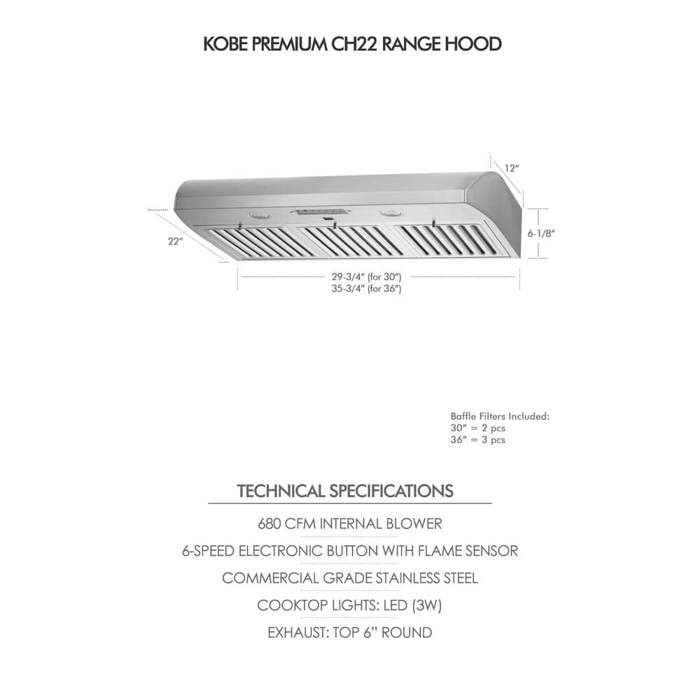 Kobe Range Hoods 30" Stainless Steel 680 CFM Ducted (Vented) Under Cabinet Range Hood with Baffle Filter