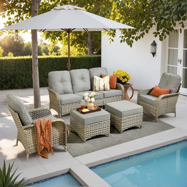 Beverly Gray 5-Piece Wicker Outdoor Patio Conversation Sofa Seating Set with Ottomans and Dark Gray Cushions