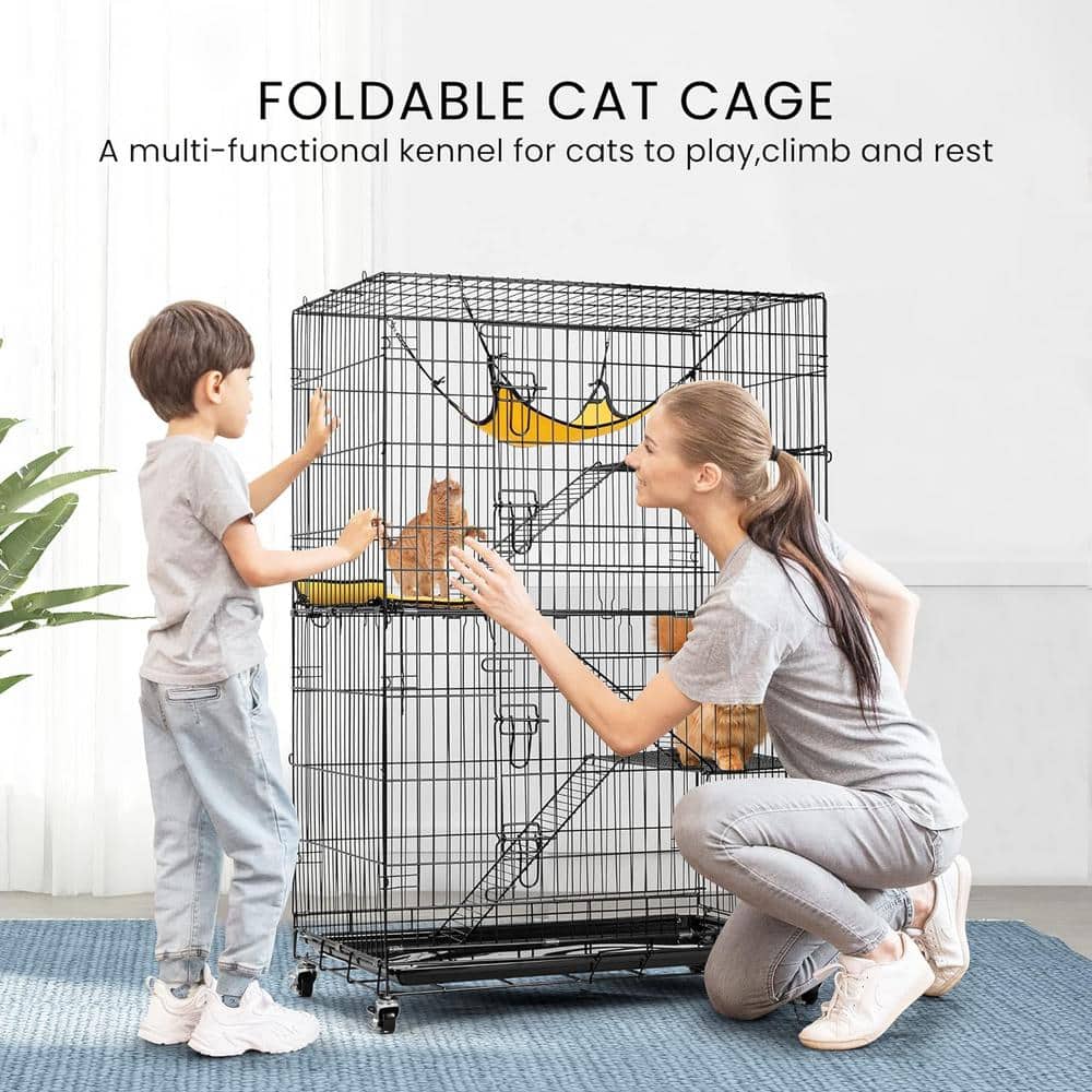 49-Inch Black Metal 4-Tier Cat Cage with Hammock and Ramps